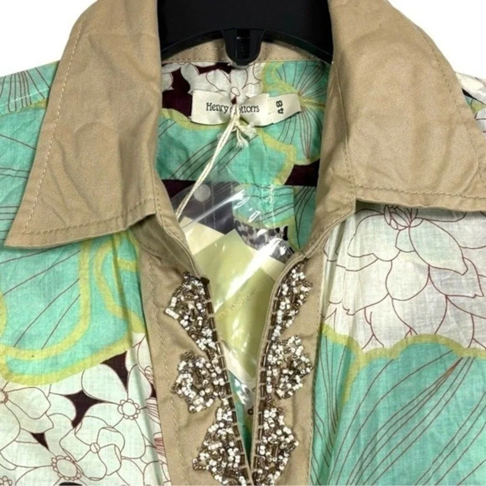 Henry Cotton's Floral Sleeveless Beaded Button Up Shirt Green‎ Size 48 XL NWT - Picture 7 of 8